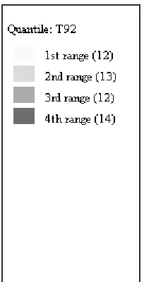 Figure 5. US, 1992, turnout quantiles by state and statistically significant regional clusters as determined by a permutation test