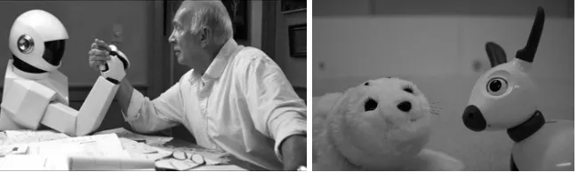 Fig. 1. Left panel: ‘Robot and Frank’ (from the 2013 ﬁlm). Right panel: PARO therobot seal (left) and MIRO the robot mammal (right) are examples of ‘social’ robots.