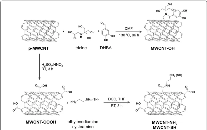 Fig. 1  Scheme for the preparation of functionalized MWCNT from pristine MWCNT. DCC: N,N′-dicyclohexylcarbodiimide; DHBA: 3,4-dihydroxyben-