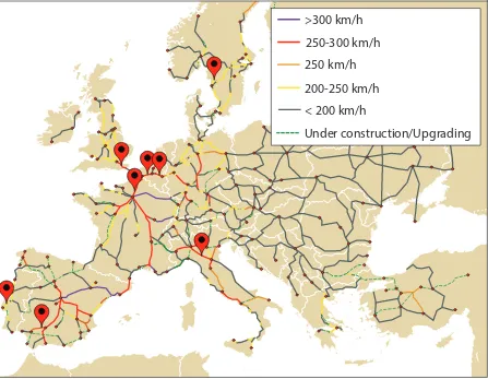 Figure 1 – Geographical map showing test site locations and a selection of the European railway network (note: some markers removed due to close proximity to others)  