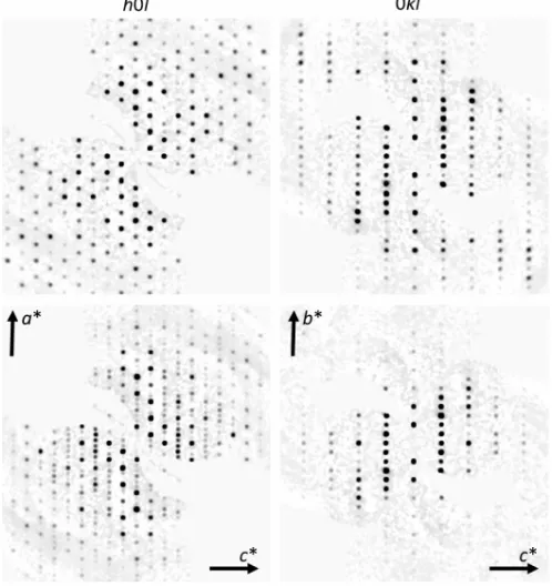 Figure 5. Diffraction images from a single crystal of240 K is an artefact of the data reconstruction process.at 100 K (top) and 240 K (bottom) showing the appearance of additionalreflections along 1 in the h0l and 0kl zones a*