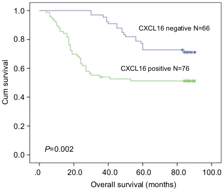 Figure 2 The 5-year overall survival rates of CXCL16-positive patients weresigniﬁcantly lower than those of CXCL16-negative patients (P=0.002).