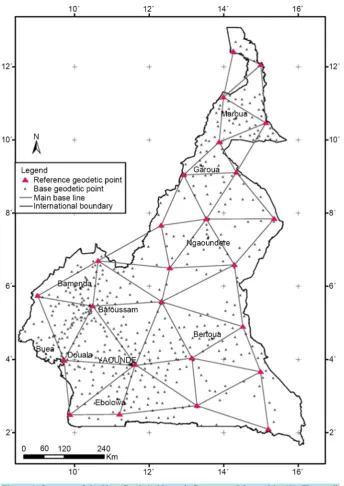 Figure 1. Structure of the New Geodetic Network Cameroon elaborated by [7]. The small pink triangles show the reference geodetic points and the small black triangles represent the base geodetic points