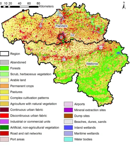 Figure 6.  CORINE land-use map of Belgium in 2000, with an indication of the regions 