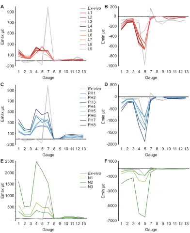 Figure 4 Maximum and minimum principal strains for both ex-vivo experiments, and finite elementmodels in microstrain
