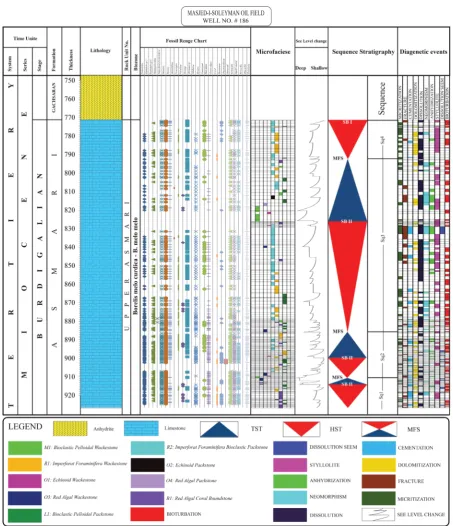Figure 10. Sequence stratygraphy, relative change of sea level, microfacieses, biostratigraphy, lithostratygraphy and biozo-nation in Asmari formation in well No