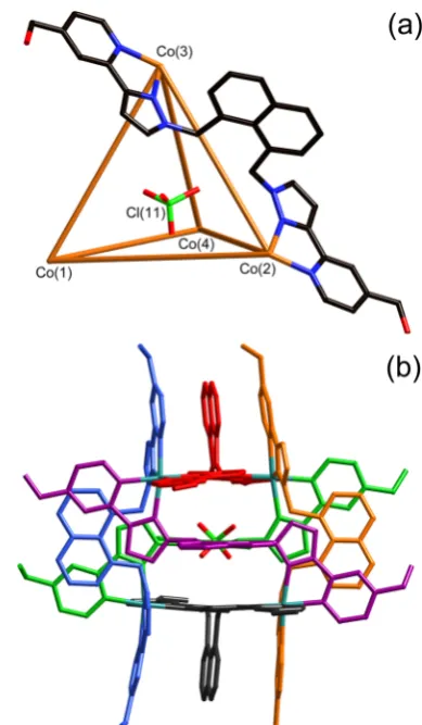 Figure 3. Two views of the complex cation of [Co(a) A view emphasizing the tetrahedral topology, with a metal ion ateach vertex, a bridging ligand spanning each edge, and the presence ofan encapsulated perchlorate ion guest, which is inverted with respectt