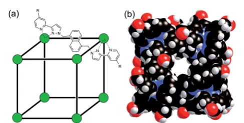 Fig. 1(a) Sketch of the cubic host cage showing the disposition ofview of the complete cage cation, showing the external O atoms of thebridging ligands spanning each edge (R ¼ CH2OH); (b) a space-ﬁllinghydroxyl groups in red (reproduced from ref
