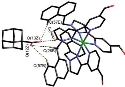 Fig. 8Close-up view from the crystal structure of the four closestcontacts between the oxygen atoms of the guest and some of thenaphthyl and methylene CH protons of the host in the binding pocket(see main text); the C/O distances lie in the range 2.68–2.86 ˚A.