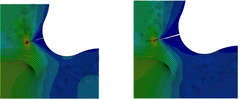 Figure 2. Illustrative detail of crack propagation using XFEM on a cruciform specimen designed for biaxial loading tests