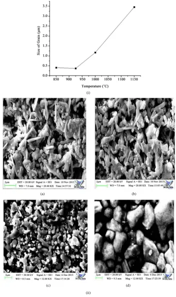 Figure 2. (i) Variation of grain size with sintering temperature. (ii) SEM view of (Bi2O3Fe2O3)0.4 (Nb2O5)0.6: (a) 850˚C,(b) 925˚C, (c) 1000˚C, (d) 1150˚C