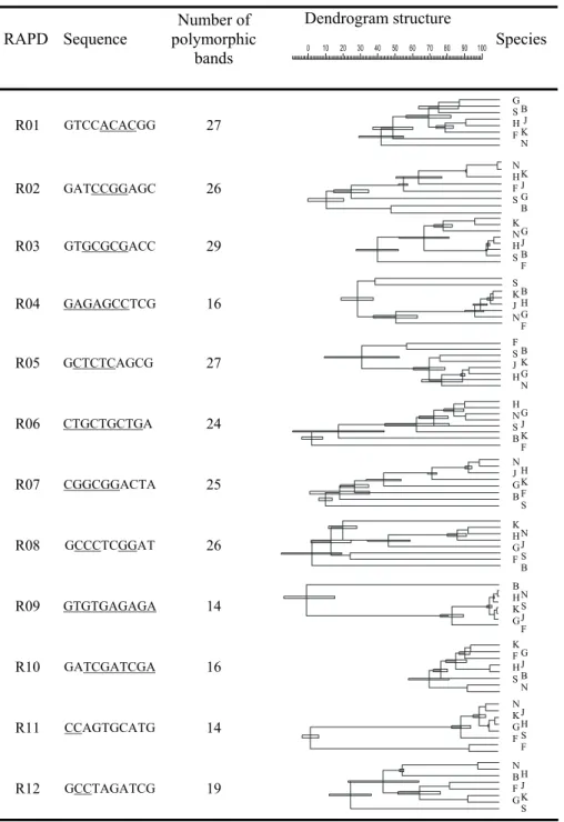 Tab. 2. A comparison of dendrogram topologies. The dendrogram errors are indicated as  narrow rectangles
