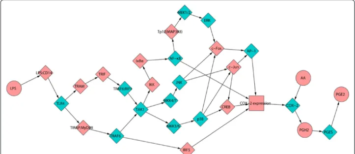Fig. 1 The pathway network of LPS-induced PGE2 production. Circle and diamond represent small molecule and protein, respectively