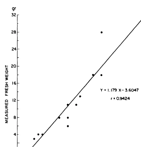 Fig. 3. Regression of measured against estimated fresh weight: barley crop. 