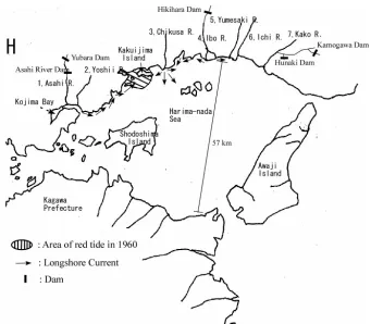 Figure 9. The location of the red tide observed in Harima-nada Sea in 1960 and rivers around Harima-nada Sea