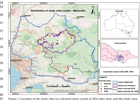 Figure 1: Location of the study sites (as coloured dots), extent of 2016 lidar data, and the study area 