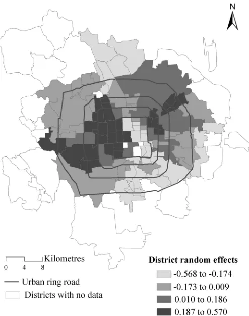 Fig 8. The district level random effects from the proposed MLM with spatial interactions.