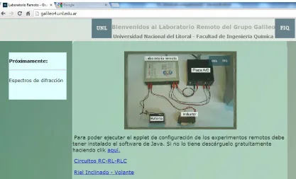 Figure 1.  Web page of the remote laboratory of Galileo Group. 
