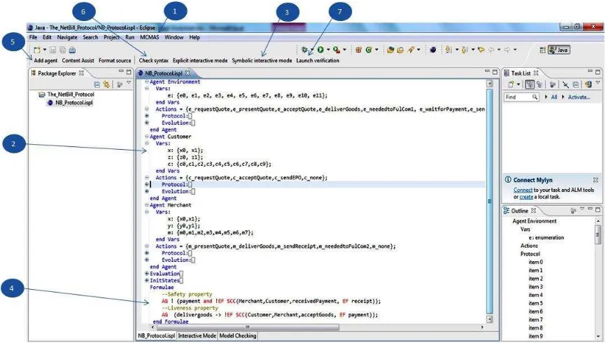 Figure 2. The User Interface of the developed model checker. The numbered circle 1 illustrates our MCMAS plug-in in Eclipse, while other numbered circles 2, 3, 4, 5, 6, and 7 refer the features supported by our User Interface for editing and tracking the m