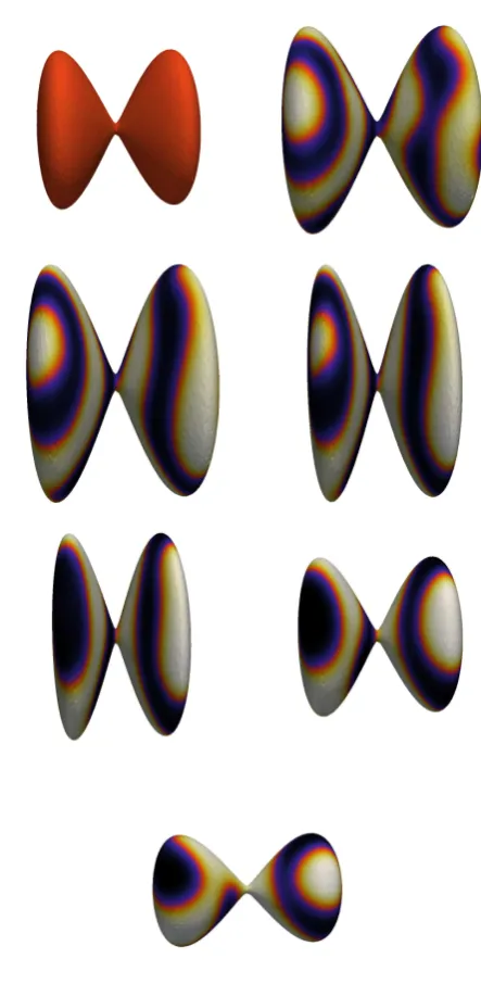 Fig. 6.4: Plot of the solution on the surface deﬁned by (6.30) at times t =, 0.1, 0.2, 0.3, 0.4, 0.5, 0.6.