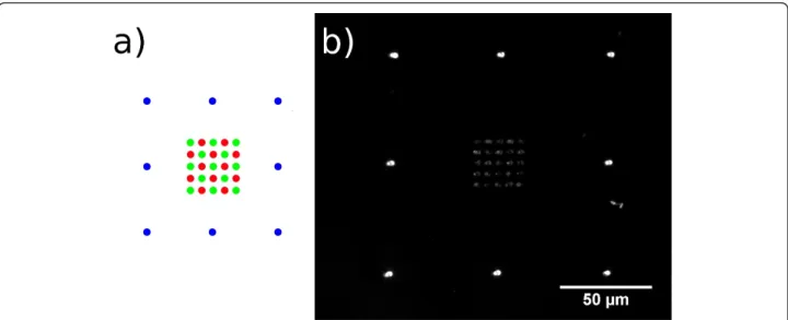 Figure 2 Spotting scheme of the sequential process. a) Anchor for the right handed DNA-construct represented by green dots, complement of the array with the anchor for the left handed DNA-construct with red dots, together with the ancillary frame for a con
