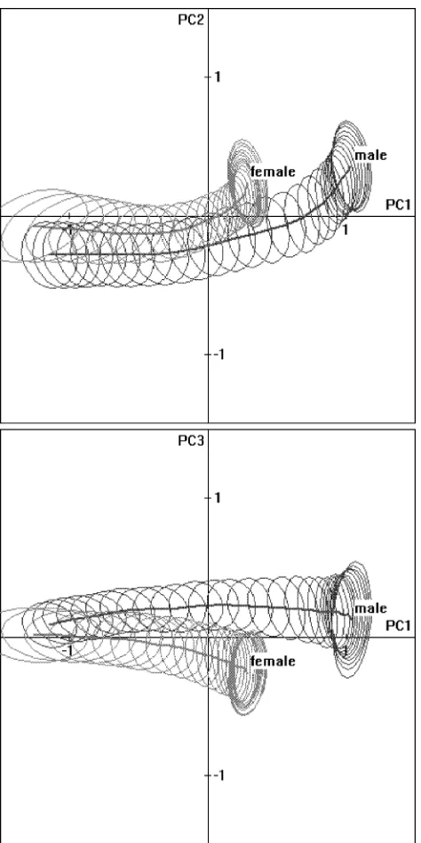 Fig. 11.Average growth trajectories for male and female, with 95%confidence regions represented as ellipses