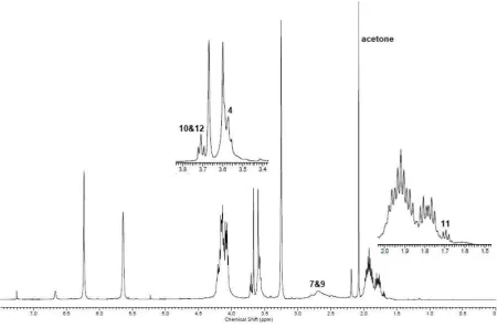 Figure 4. 1H NMR spectrum for the branched unsaturated form of PPI. The numbered signals (4, 7 and 9) correspond to the protons assigned to the structures as shown in Scheme 5