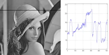 Figure 2. Image edge example: a scan line highlighted (left) and intensity along the highlighted scan line (right)