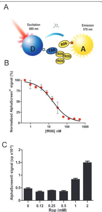 Figure 3 AlphaScreen ® -based characterization of TAR-R06 interaction. (A) Competition assay setup
