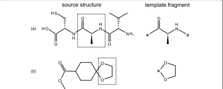 Figure 7 Examples of excising template fragments. The initial structure is shown on the left, with selected atoms outlined