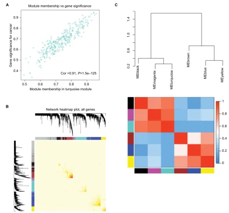 Figure 7 Select hub genes in hub modules.indicated the strength of the correlation between pairs of modules on a linear scale