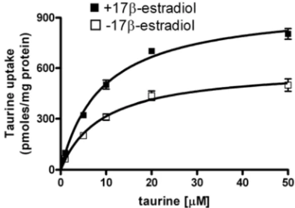 Fig. 4. Taurine uptake by MCF-7 cells which had been incubated in the presence or  absence of 17β-estradiol (10nM)