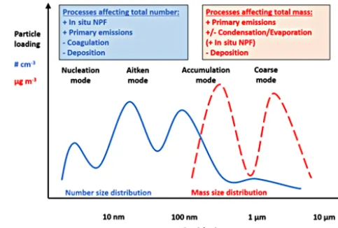 Figure 13. Schematic examples of the number (blue solid line)and mass (red dashed line) size distribution describing the sameaerosol population