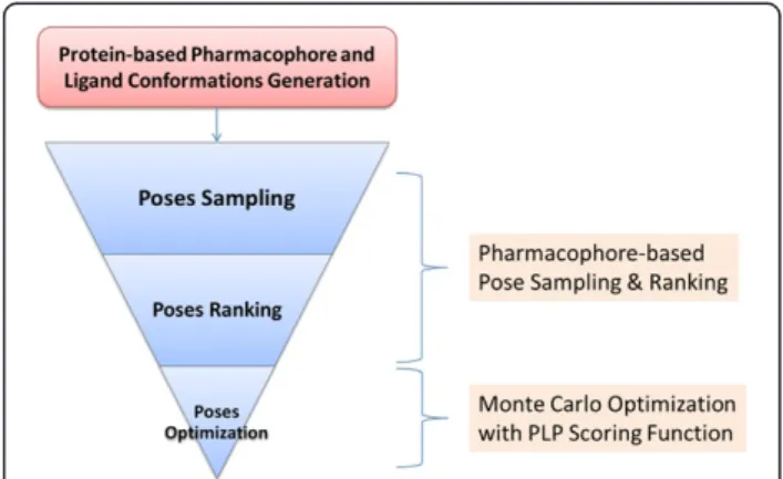 Figure 1 Overview of PharmDock. The inverse triangle shows that with progress in the overall docking process, the number of feasible binding poses of a ligand will be reduced