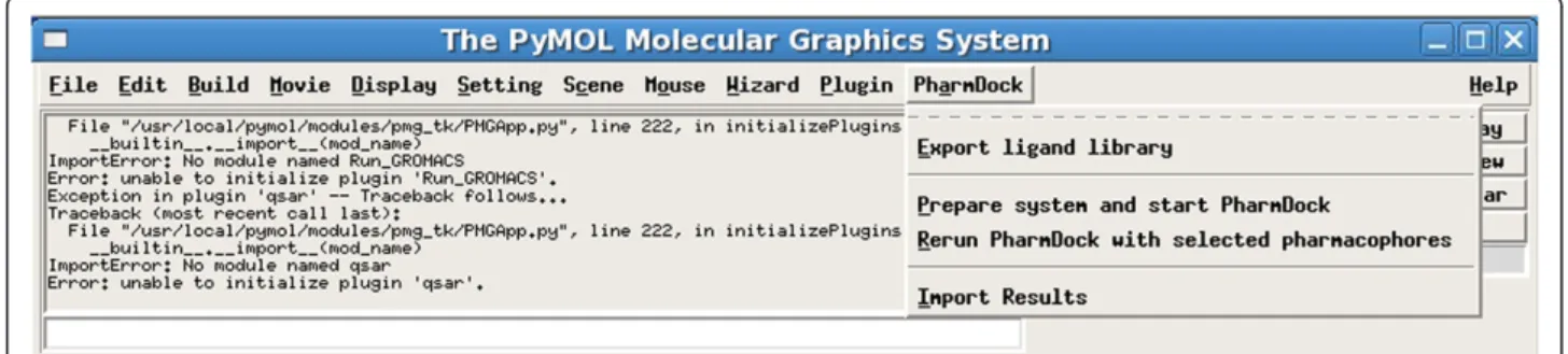 Figure 2 Illustration of PharmDock main menu with different sub-processes. Exporting ligand libraries, performing docking calculations, either unbiased or biased, and importing docking results into PyMOL for visual analysis were shown.