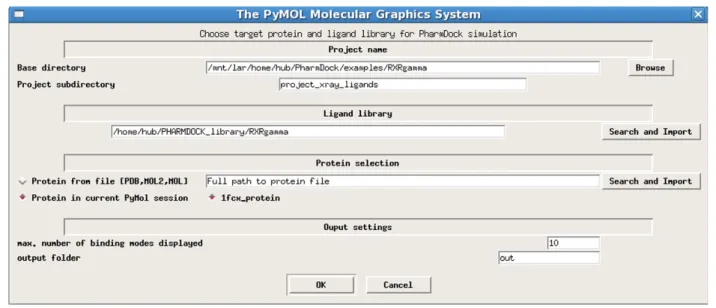 Figure 3 Illustration of docking settings. The dialog specifies the location where docking results are stored, the ligand library and protein file used for docking, the option for binding site definition, and options for output of docking results.
