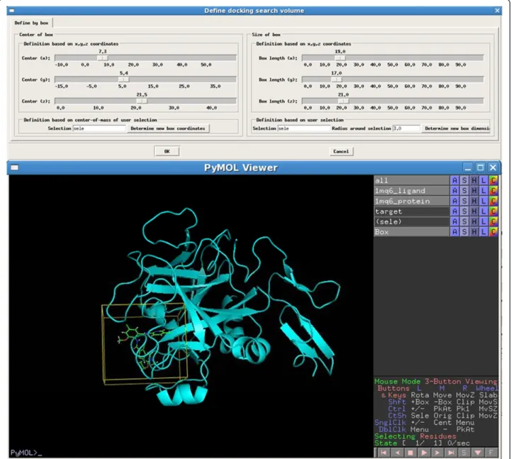 Figure 4 Illustration for the definition of search volume for PharmDock. The docking search volume can be defined by visually adjusting (top) the position and size of the box displayed in PyMOL (bottom).