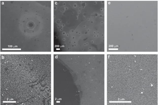 Figure 2.     SEM images of samples contacted with stamps inked a,b) 2 times, c,d) 8 times, and e,f) 10 times