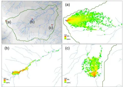 Fig. 2. The distributions of water parcels from three individual source cells (a, b and c) on hillslopes after a time step