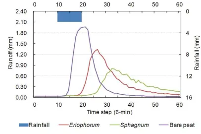 Fig. 11. Modelling responses of three typical vegetation covers under a 1-hour 20-mm rainfall event for the test of model sensitivity