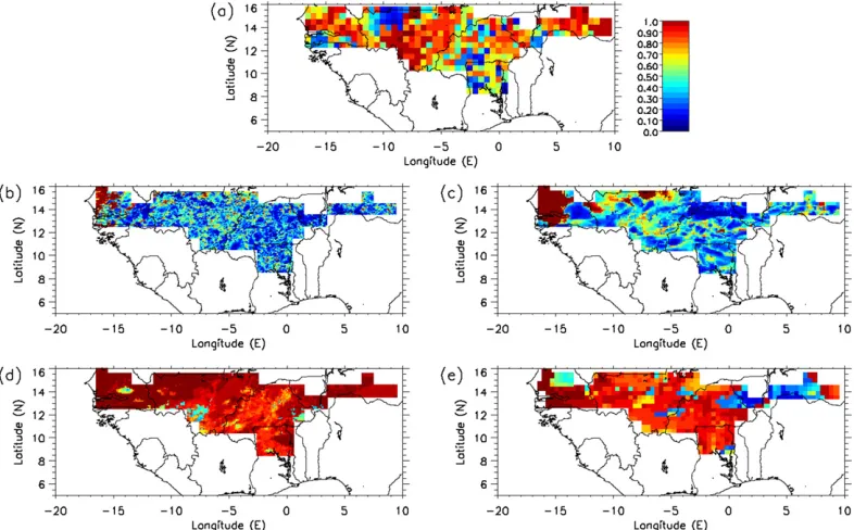 FIG. 6. Fraction of rainfall lost to evaporation from 1 Jun to planting in (a) ObsWeather, (b) 4Exp, (c) 12Exp,(d) 12Param, and (e) 40Param.