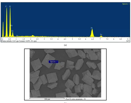 Figure 1. (a) Typical EDAX spectrum of [Fe(O3C4)(COO)]·H2O showing the presence of Fe, O and C; (b) Scanning electron micro-scopic image of the [Fe(O3C4)(COO)]·H2O