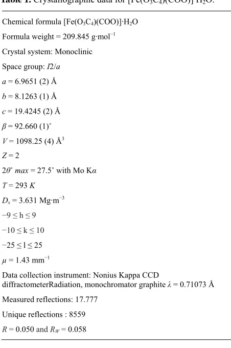 Figure 2. Asymmetric unit of [Fe(Oellipsoids are given at 50% probability. 3C4)(COO)]·H2O
