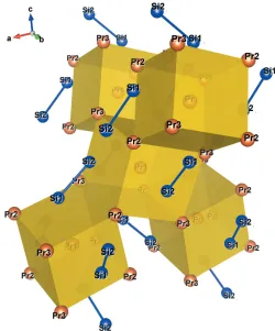 Figure 2Parts of the crystal structure showing ﬁve distorted body-centered cubessharing Pr2—Pr3 edges (polyhedral drawing)