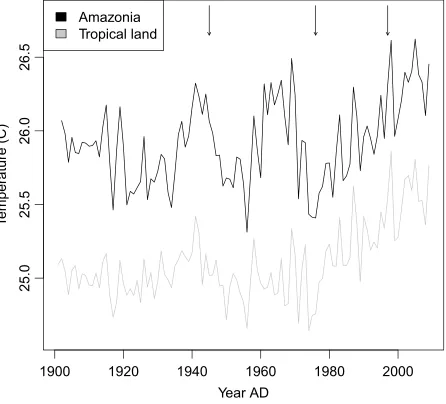 Figure 2. Tropical land temperature 20∘S to 20∘N and Amazon basin