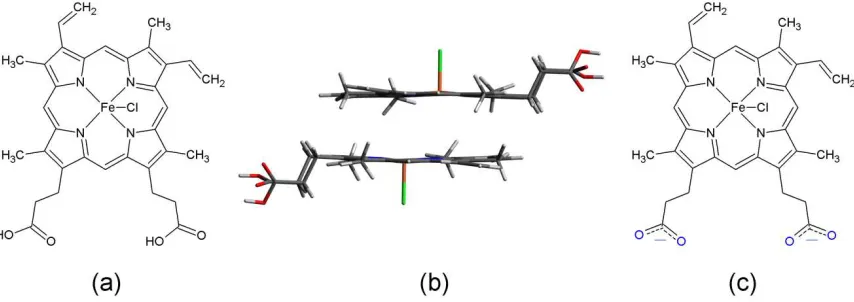 Figure 1. (a) Schematic of hemin chemical structure with neutral carboxyl groups (COOH), 