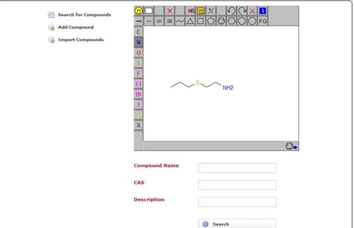 Figure 3 Search page of the example web application using MDF. A user can search the compound database by chemical substructure and/or properties like compound name or CAS number.