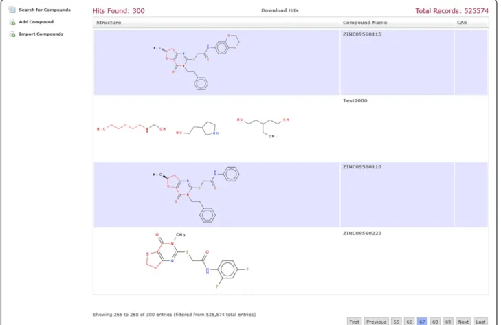 Figure 4 Result page of a substructure search. The results are displayed in a paged table generated by the JQuery plugin datatables [9]