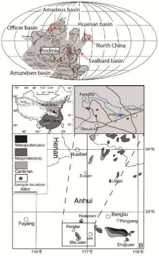 Fig. S1: Sample locations modified after Dong et al. (2008) and Tang et al. (2013). The upper part locates the study sites within the Rodinia supercontinent at ~900 Ma