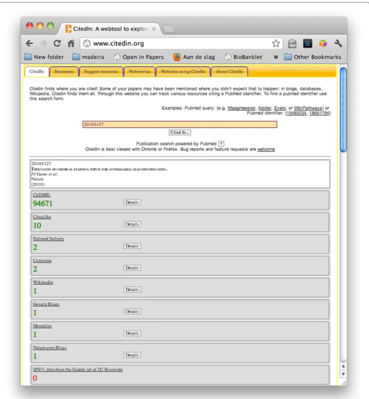 Figure 3 Screenshot of the CitedIn web service showing a 2010 Nature paper cited 94671 times in the ChEMBL database